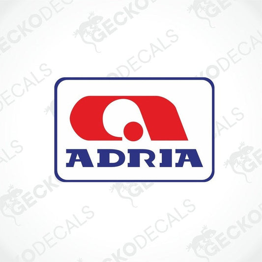 ADRIA caravan printed decal with red abstract logo and blue text on laminated white background