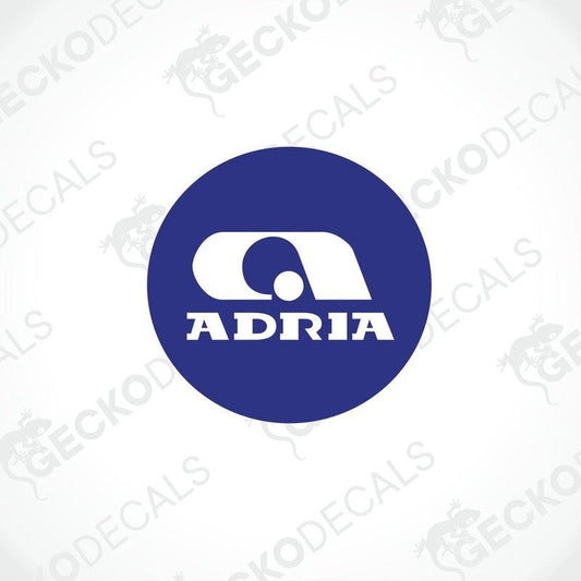 Dark blue circular ADRIA caravan decal with white logo and text