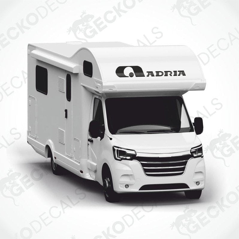 Black ADRIA caravan die-cut sticker applied to motorhome roof