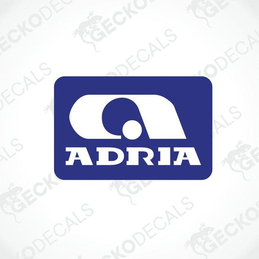 Blue and white ADRIA caravan decal with abstract logo design