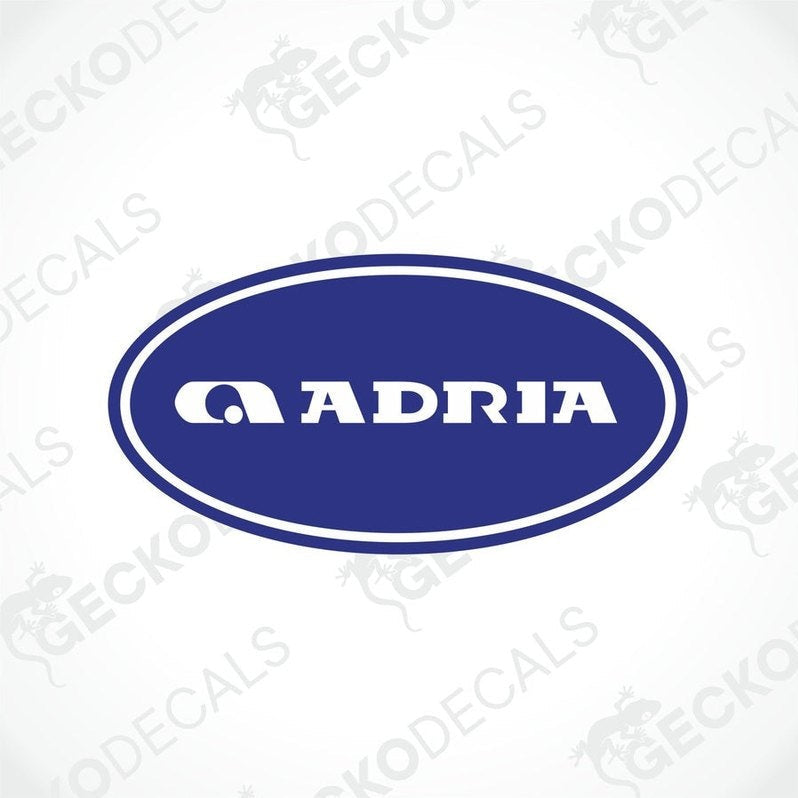 Blue oval ADRIA caravan sticker with white text and glossy lamination