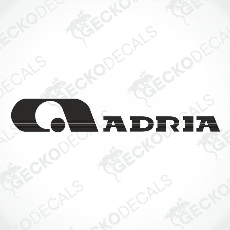 Close-up of black ADRIA logo die-cut sticker with horizontal line detail