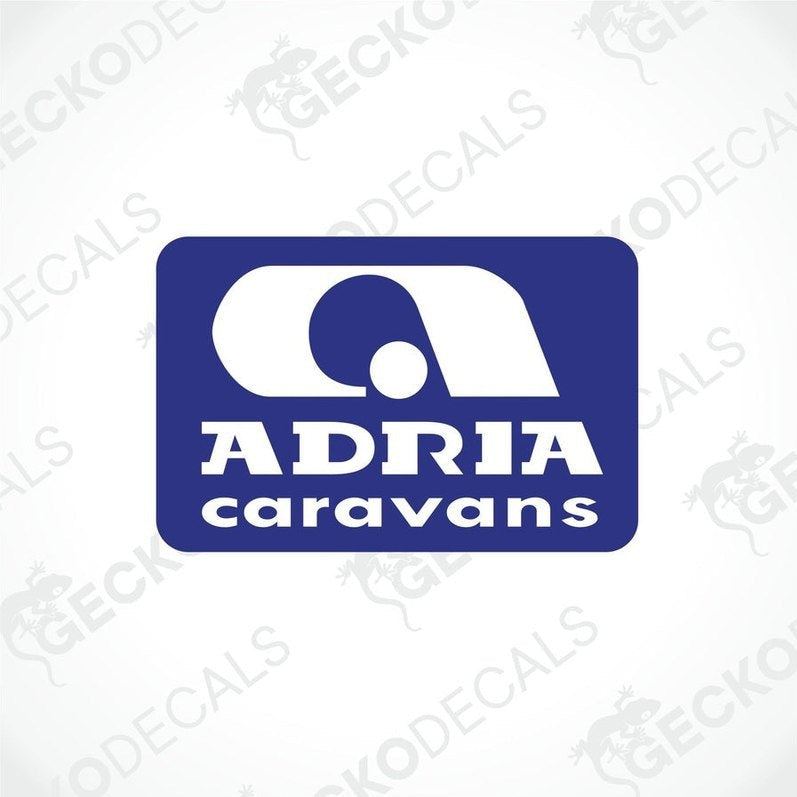Blue and white ADRIA Caravans printed decal with rounded corners for caravan exterior or interior