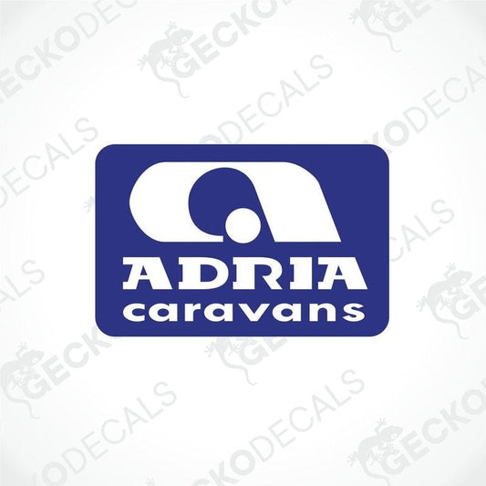 Blue and white ADRIA Caravans printed decal with rounded corners for caravan exterior or interior