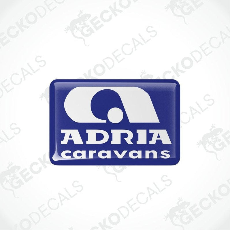 Single ADRIA Caravans domed epoxy decal in deep blue with white logo