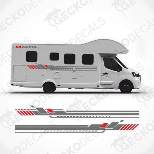 Adria motorhome side decals with red and black geometric stripes for caravan exterior decoration
