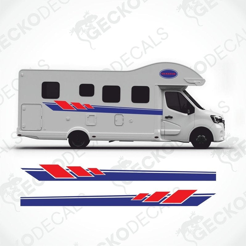 White motorhome with ADRIA DECORATION SET applied featuring blue side stripes with red geometric accents and front roof logo