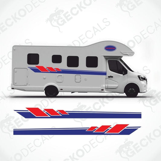 White motorhome with ADRIA DECORATION SET applied featuring blue side stripes with red geometric accents and front roof logo