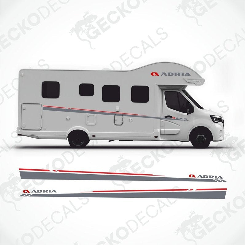 ADRIA caravan side decals with red and grey stripes applied to white exterior