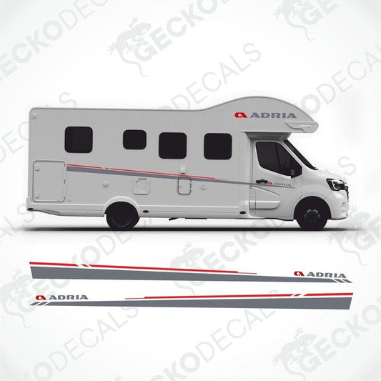 ADRIA caravan side decals with red and grey stripes applied to white exterior