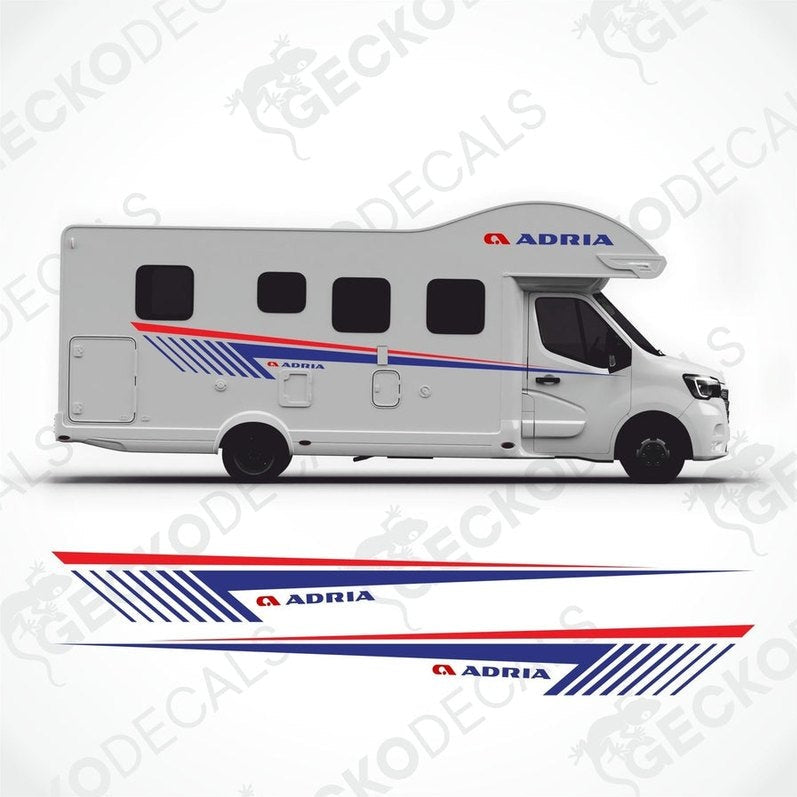Red and blue stripe Adria caravan side decals applied to white motorhome exterior