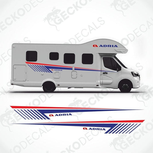 Red and blue stripe Adria caravan side decals applied to white motorhome exterior