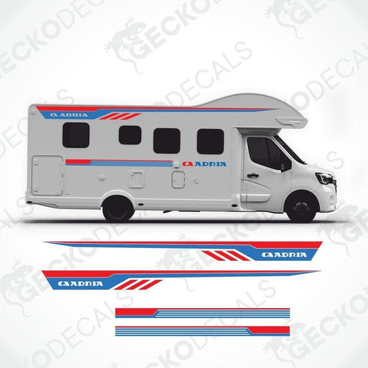White motorhome exterior with installed ADRIA red blue black stripe decals and logo