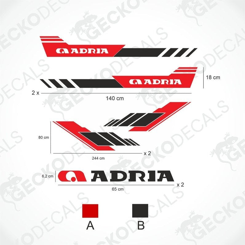 ADRIA caravan die-cut sticker set with red and black geometric side decals and logo on transfer paper