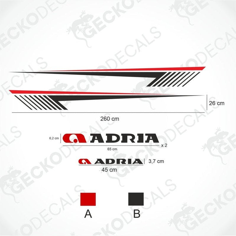 ADRIA caravan side decal set technical diagram with red and black stripes and logo dimensions