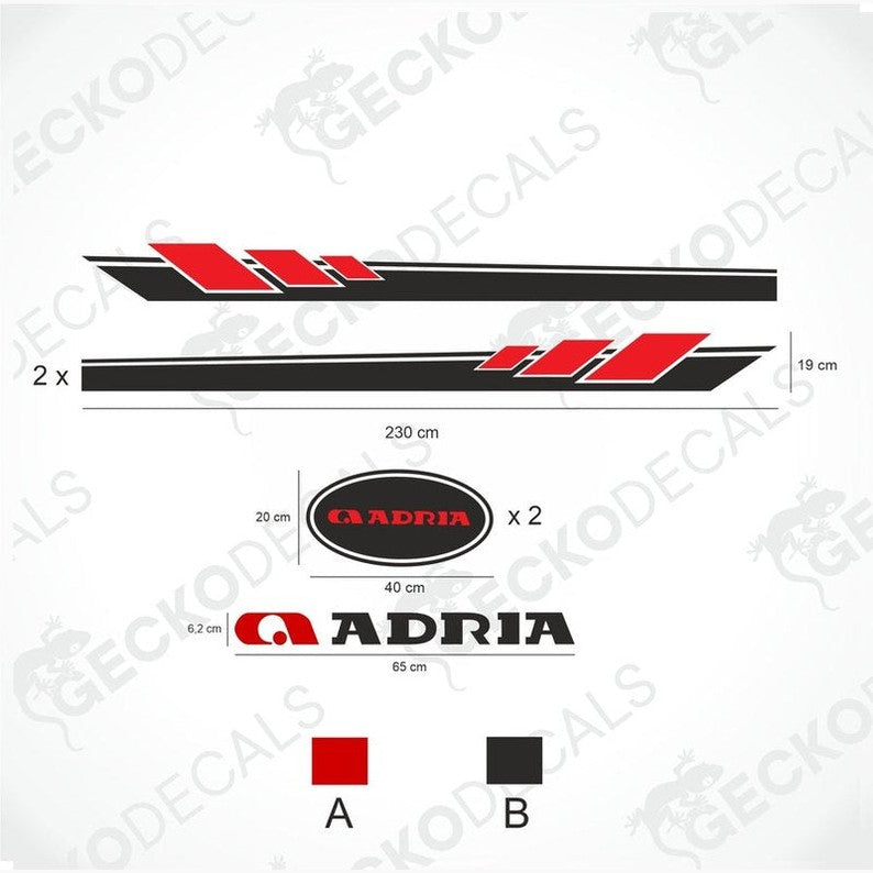ADRIA DECORATION SET technical diagram showing red and black side decals, oval logos, and dimensions for caravan exterior interior application