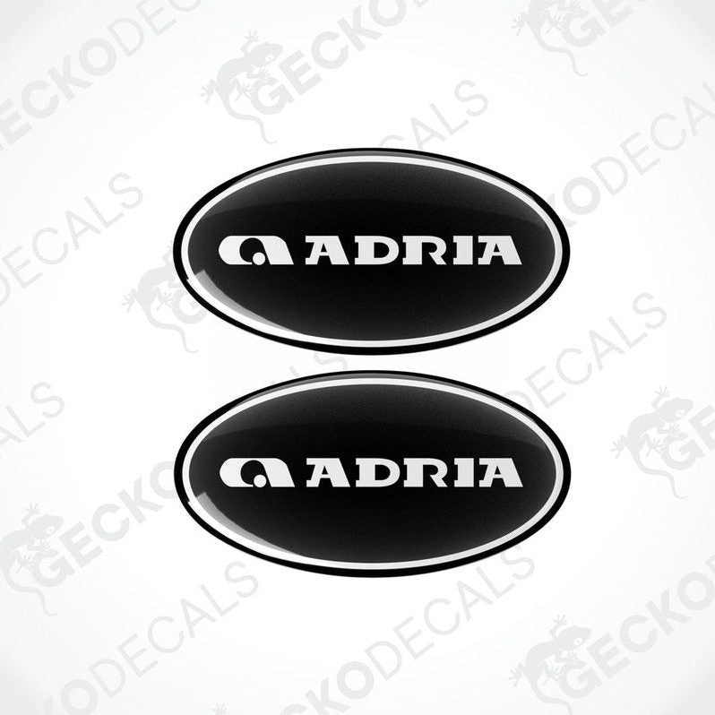 Set of two Adria epoxy resin caravan decals with domed finish