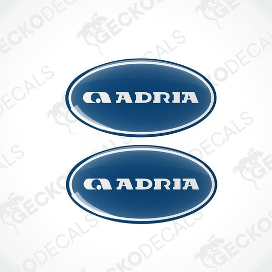 Set of two dark blue Adria caravan epoxy resin decals with domed glossy finish