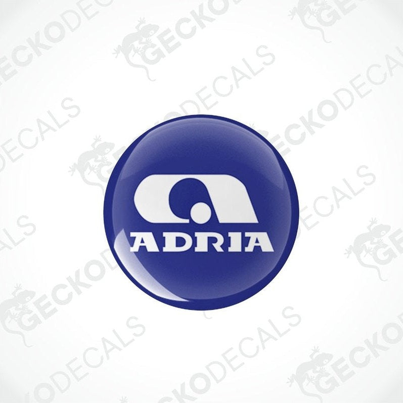 Close-up of single blue Adria domed vinyl decal with polyurethane coating
