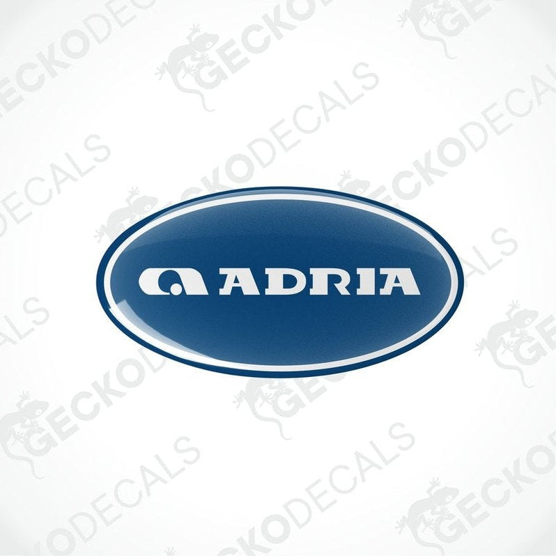 Single dark blue Adria oval epoxy decal featuring domed high-gloss protective coating
