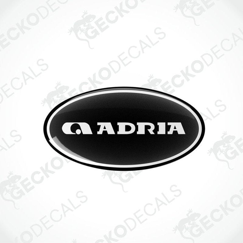 Single black Adria oval epoxy decal with white logo and border