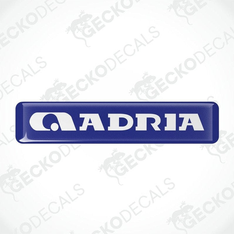 Close-up of glossy blue ADRIA domed epoxy decal sticker