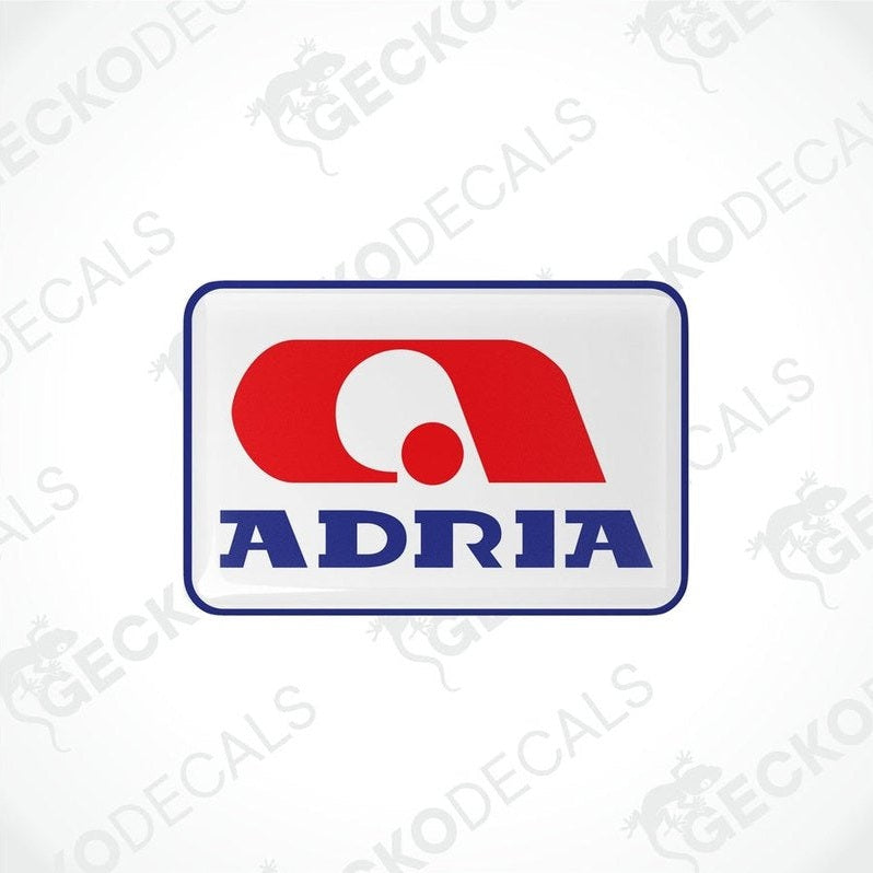 Close-up of ADRIA epoxy resin decal showing glossy domed finish and bold blue lettering