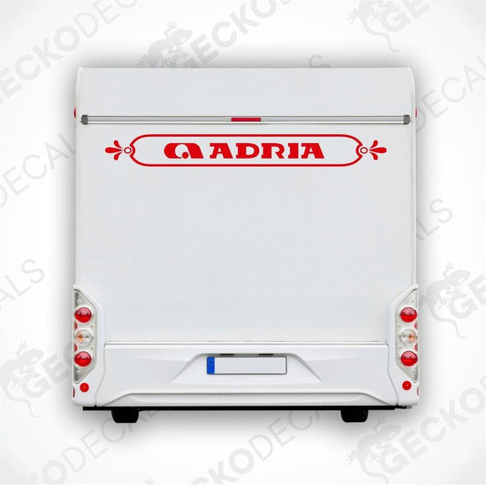 Red ADRIA caravan rear decal applied to white caravan back panel above license plate