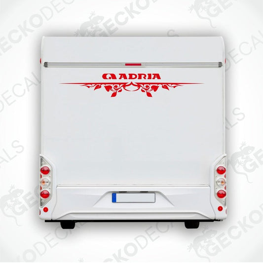 Red ADRIA caravan rear decal with floral vine motif on white exterior