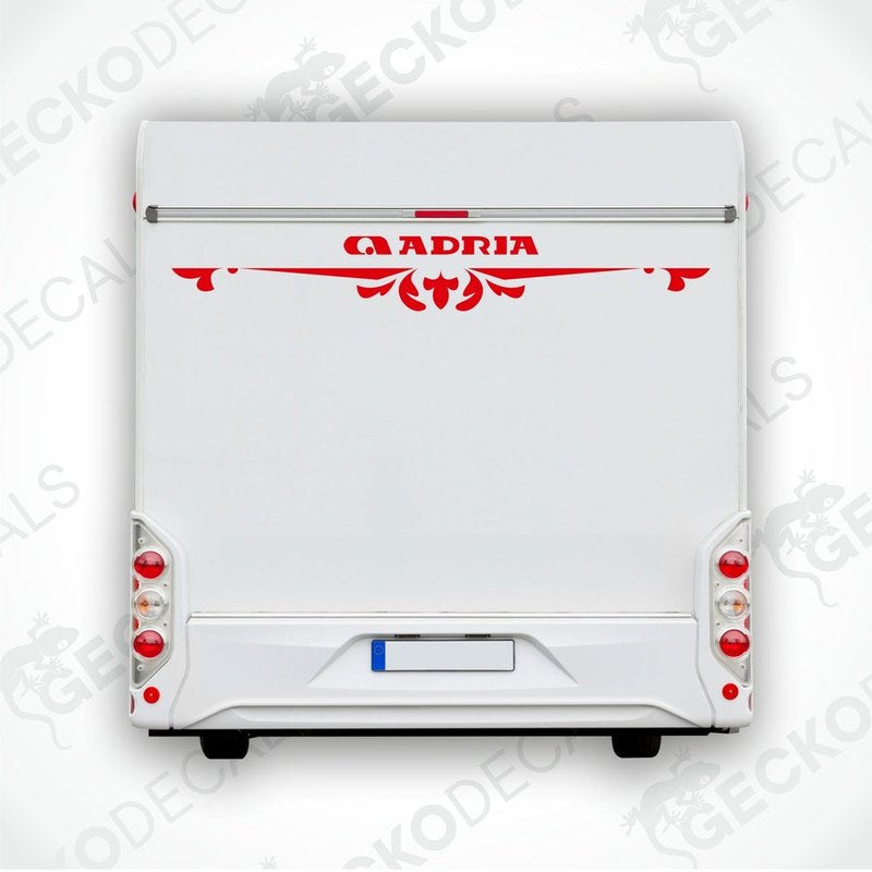Red ADRIA caravan rear decal applied to white caravan door