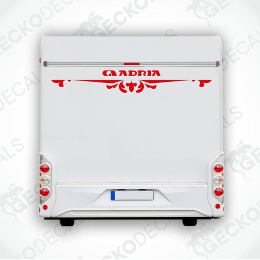 Red ADRIA caravan rear decal applied to white caravan door