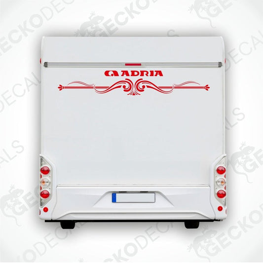 Red ADRIA caravan rear decal applied to white caravan exterior above bumper