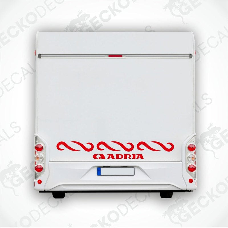 Red Adria caravan rear decal applied to white caravan back door