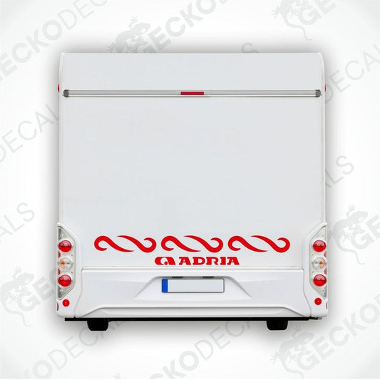 Red Adria caravan rear decal applied to white caravan back door