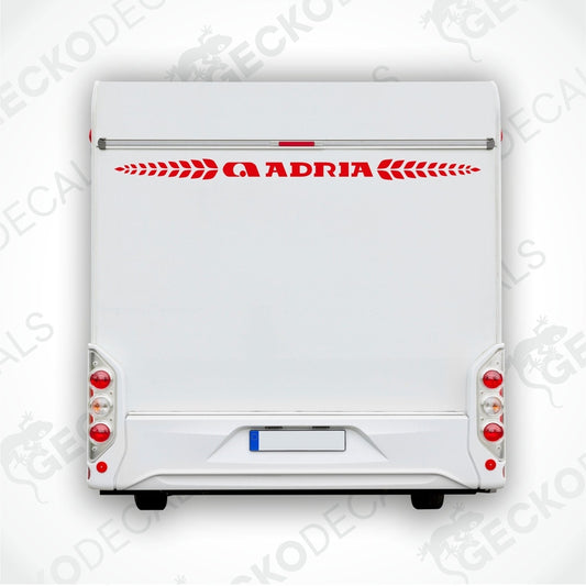 Red ADRIA caravan rear decal applied to white caravan back door