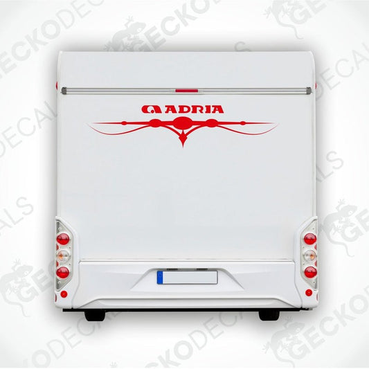 Red ADRIA caravan rear decal applied to white trailer back door
