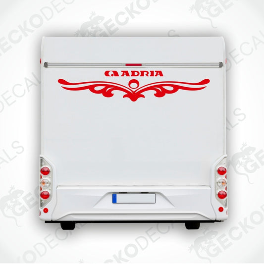 Red ADRIA decorative sticker applied to white caravan rear door