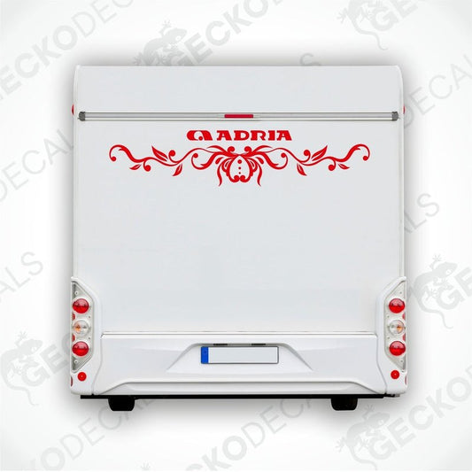 Red ADRIA caravan rear decal applied to white caravan exterior