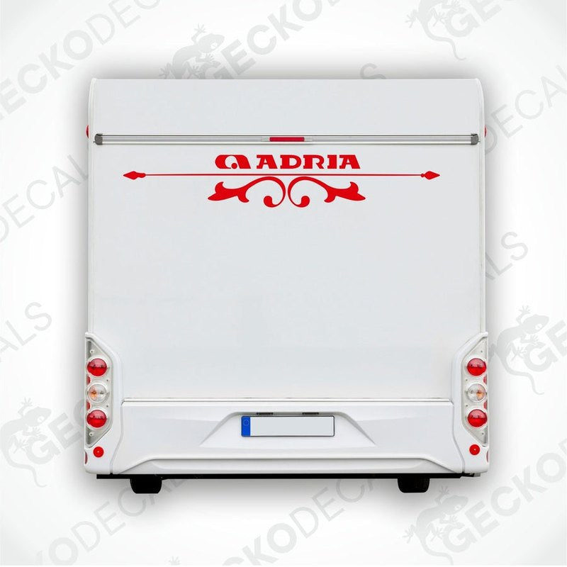 Red ADRIA caravan rear decal applied to white caravan exterior