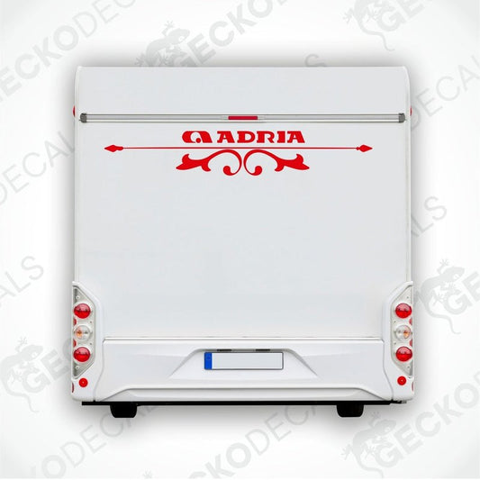 Red ADRIA caravan rear decal applied to white caravan exterior