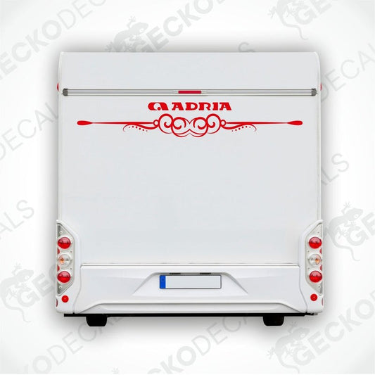 Red ADRIA caravan rear decal applied to white caravan bumper with dual taillights