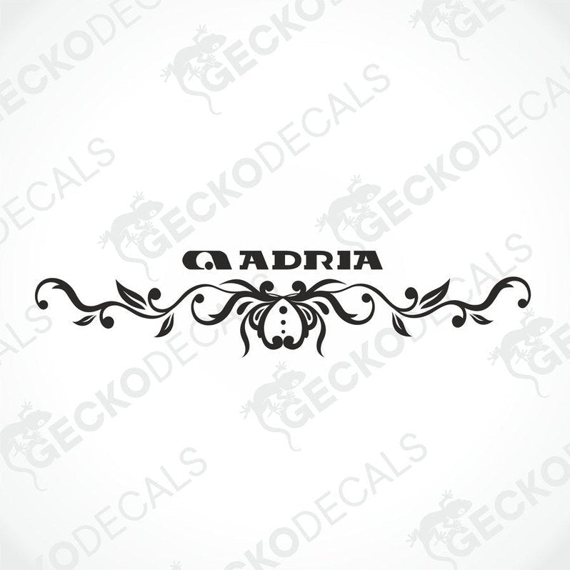 Black ADRIA caravan rear decal with ornate floral flourish on white background