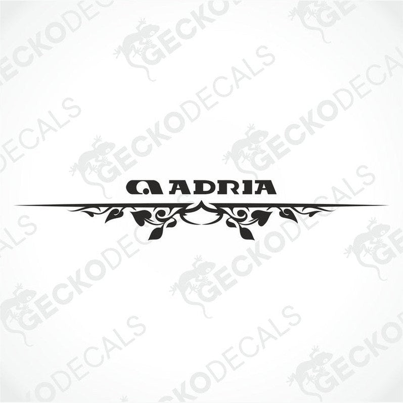 Black ADRIA die-cut sticker design with ornate floral vine and bold lettering