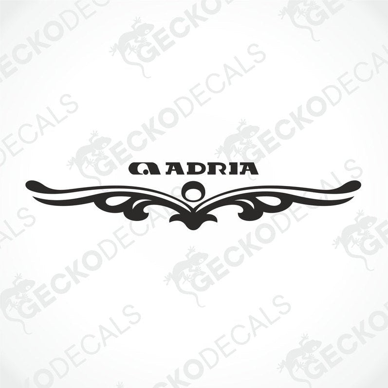 Black ADRIA caravan rear decal with ornamental wing design on transfer paper