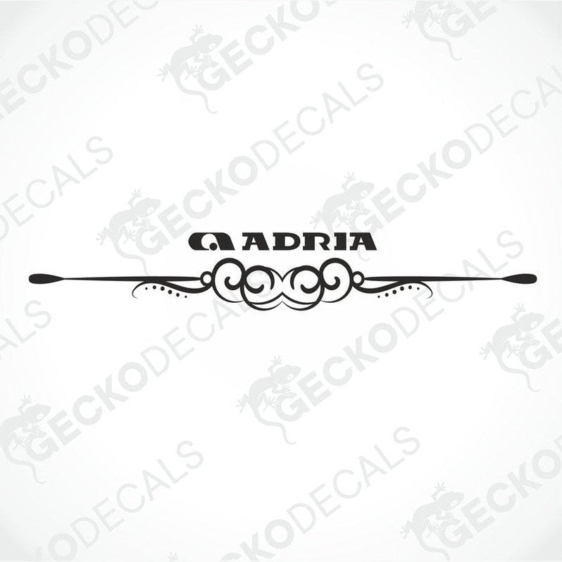 Black ADRIA caravan rear decal die-cut sticker with circular logo and ornamental flourish