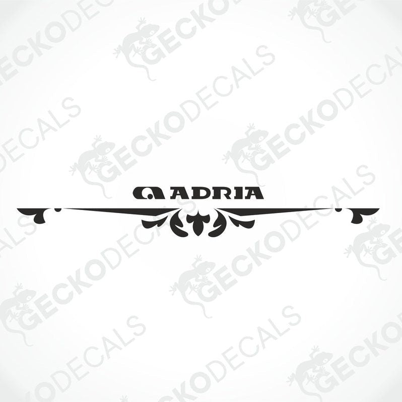 Black ADRIA caravan rear decal sticker with circular logo and scroll flourish