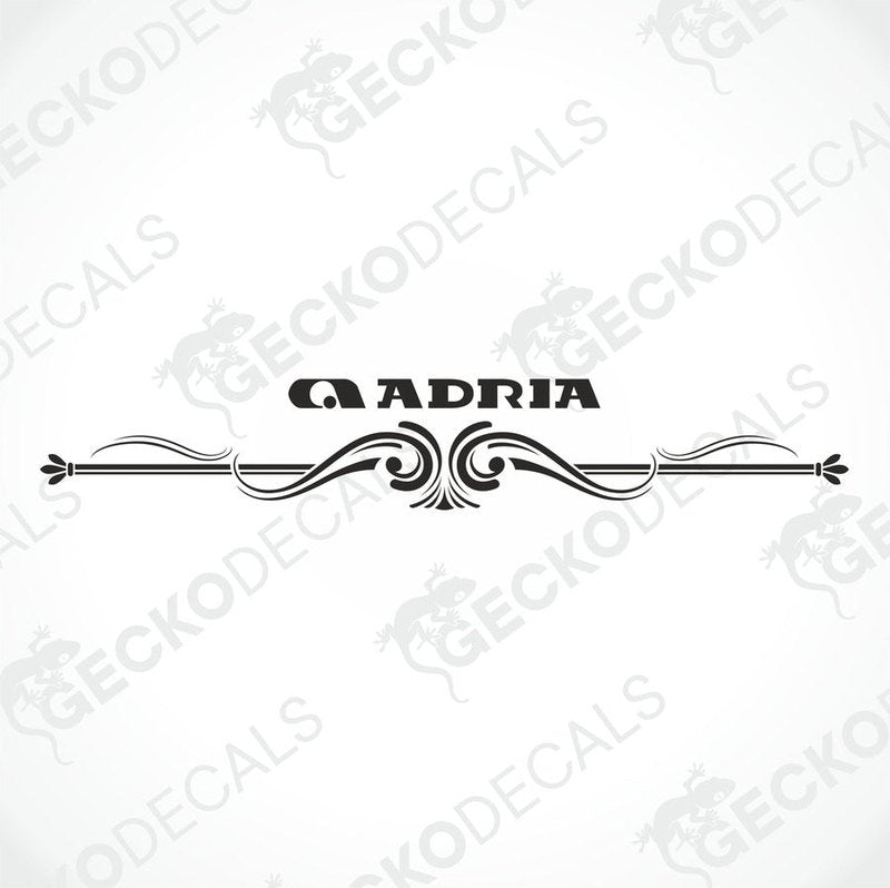 Black ADRIA caravan rear decal sticker with ornamental flourish on transfer paper