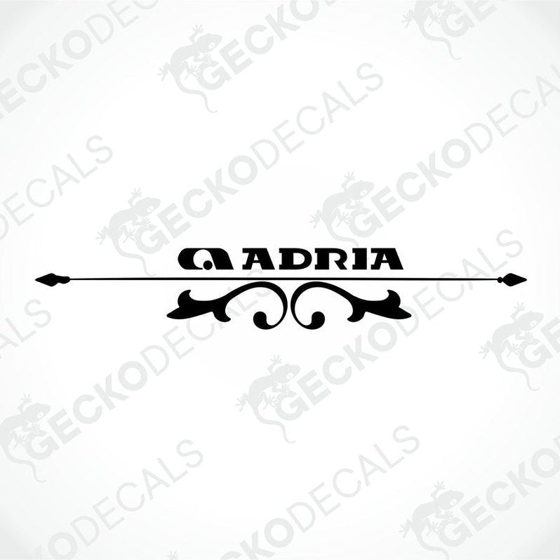 Black ADRIA caravan rear decal on transfer paper with logo and scroll design