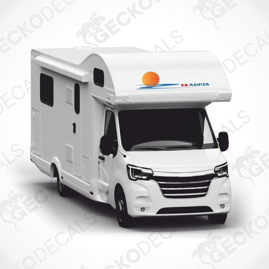 ADRIA sunwave die-cut sticker applied to white motorhome exterior