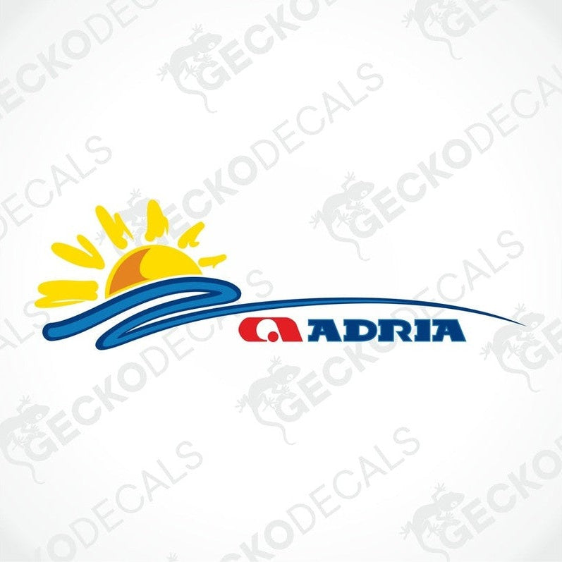 Close-up of ADRIA SUNSHINE decorative sticker featuring yellow sun and blue waves